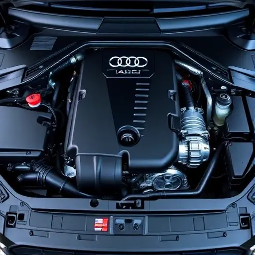 A detailed, high-quality image of the engine bay of a 2019-present Audi S6 3.0 V6 TFSI, showcasing the engine components, turbocharger, and other relevant parts. Focus on the intricate details and modern design.