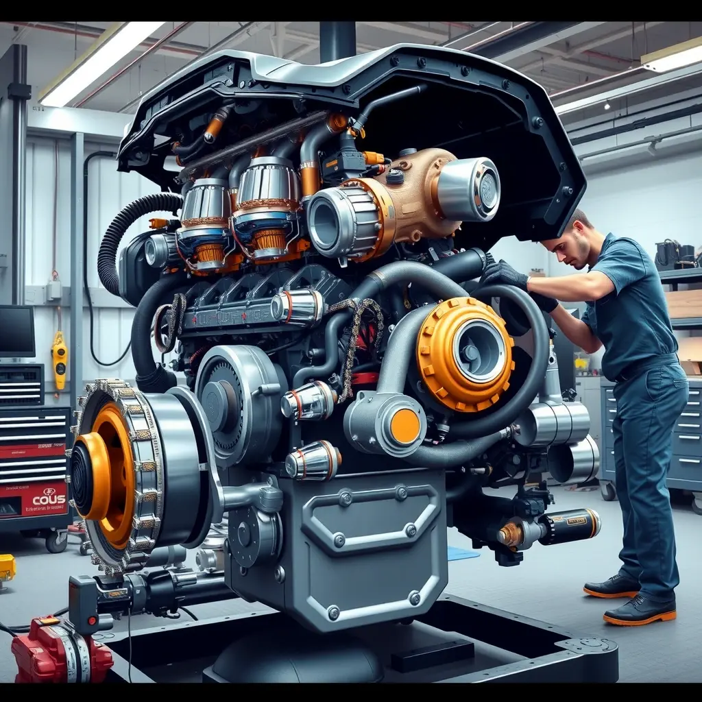 A detailed high-resolution illustration of a Hyundai Santa Fe 2.5 Turbo engine undergoing a complete overhaul in a clean workshop: the engine block opened, pistons, turbocharger, timing chain, and tools such as wrenches and diagnostic equipment visible, with a mechanic in coveralls carefully inspecting components, realistic lighting and metallic textures.