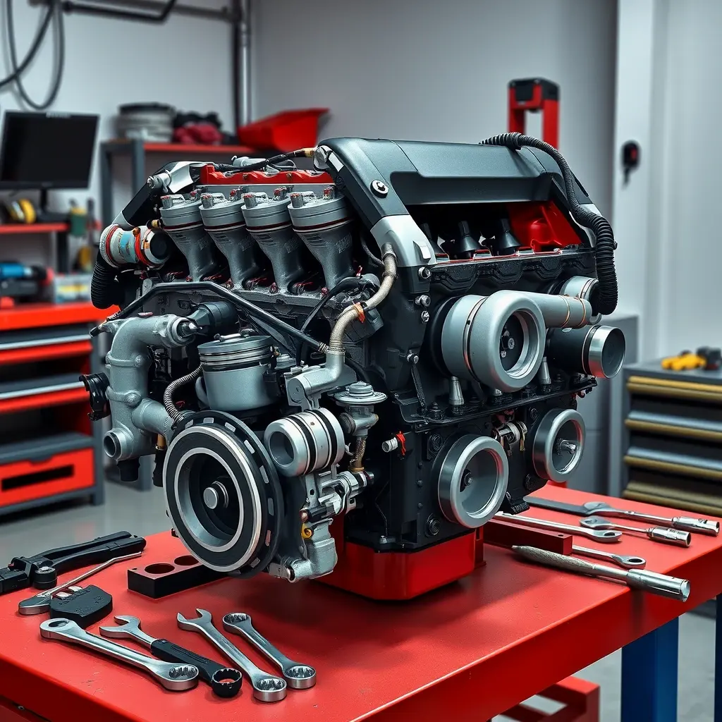 A high-detail, realistic illustration of a Honda Accord 1.5 Turbo 192 hp engine on a workbench undergoing a complete overhaul. The engine block is open, showing pistons, crankshaft, and turbocharger, with mechanic tools such as wrenches, sockets, and a torque wrench arranged around it. The scene is well-lit with a clean garage background, emphasizing the mechanical components and the precision of the repair process.