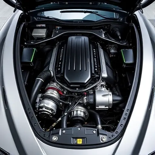 A high-performance engine bay of a Bowler Nemesis 5.0 V8 Supercharged, showing detailed mechanical components, polished metal surfaces, and a sleek, futuristic design, captured in a realistic style with dramatic lighting and depth of field