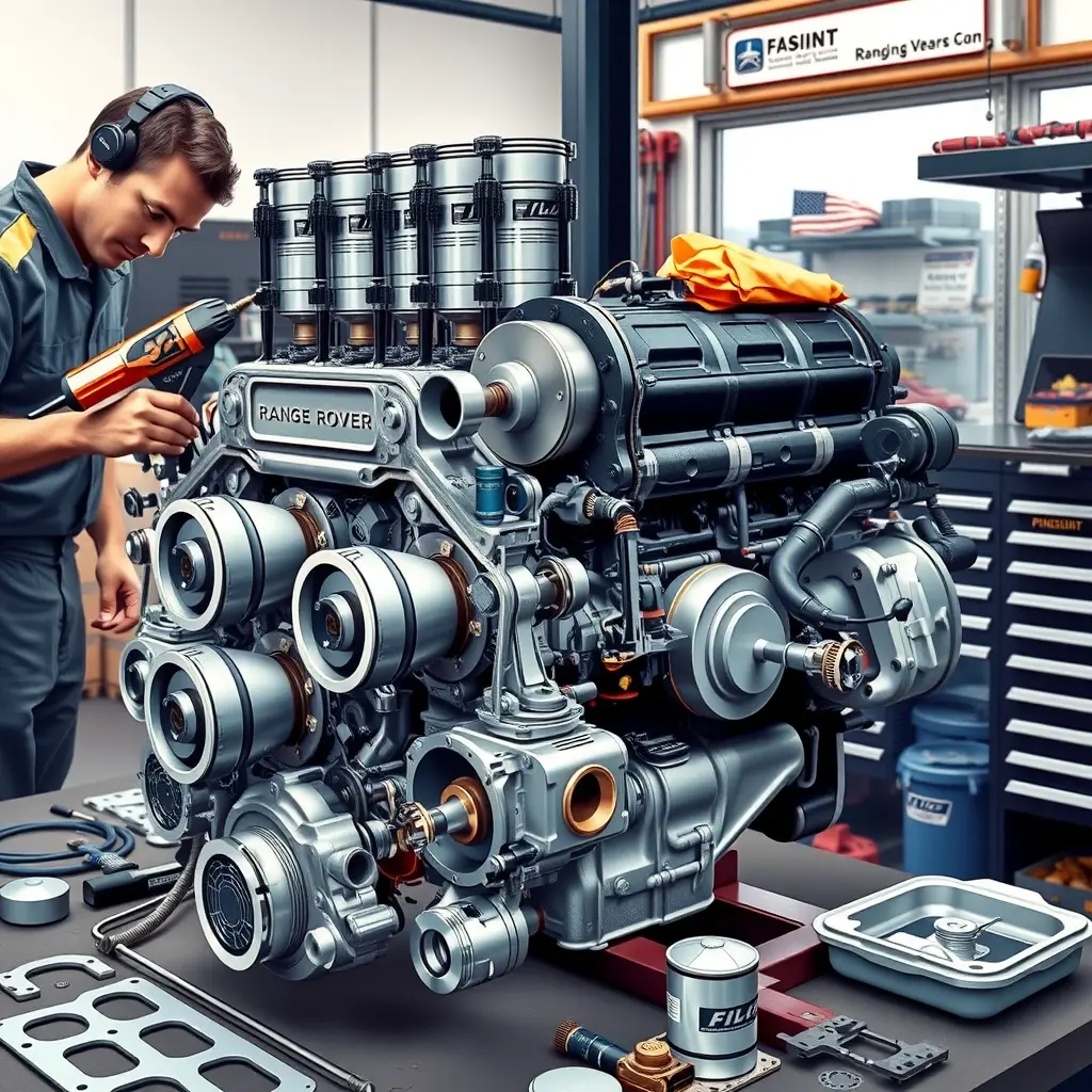 A detailed high-resolution illustration of a Range Rover 4.4 L V8 engine undergoing a complete overhaul in a professional garage. The engine block is opened, revealing pistons, crankshaft, camshafts, and valve train. A mechanic in clean coveralls uses tools such as a torque wrench and diagnostic scanner, with gaskets, bolts, oil pan, and other components neatly arranged on a workbench. Bright workshop lighting highlights the metallic surfaces and polished parts, with a clean, organized background.