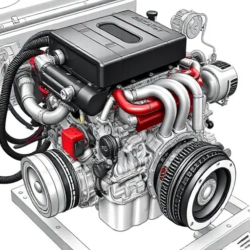 A detailed illustration of a Dodge Durango 5.7 V8 HEMI engine undergoing a major repair. Focus on the engine block, cylinder head, and visible components like hoses, wires, and sensors. Show tools and technicians working on the engine.