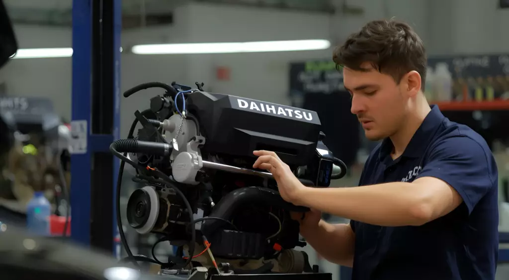 A realistic horizontal photo of a skilled mechanic in a well-lit automotive repair shop, carefully working on a Daihatsu engine. The scene shows the engine on a lift, surrounded by organized tools, a workbench, and a clean, professional environment. The focus is on the engine's details and the mechanic's hands, with a subtle background of other car parts and a subtle hint of a service center sign.