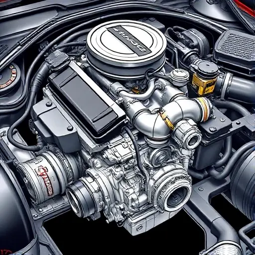 A detailed illustration of a Chevrolet Camaro 2.0 Turbo engine undergoing a major repair. Focus on the engine block, turbocharger, and surrounding components. Show tools and technicians working on the engine.