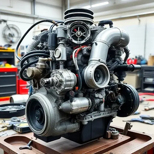 A detailed, high-quality image of a Great Wall Poer 2.0 Turbo diesel engine undergoing a major repair. Focus on the engine block, turbocharger, and associated components. Show tools and parts scattered around, indicating the repair process. The background should be a clean, well-lit workshop environment.
