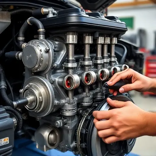 A detailed, close-up view of a Citroën C5 X 1.6 Turbo 180 hp engine during repair, showing the engine block, pistons, and a mechanic's hands using tools, with a clean, well-lit workshop background