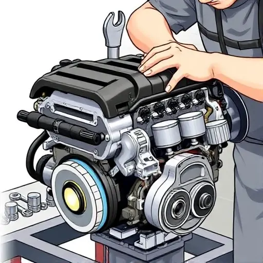 A detailed illustration of a mechanic repairing the 2.5L 200hp engine of a Chevrolet Colorado (2015-2022), showing the engine block, pistons, crankshaft, and tools such as wrenches and sockets in a workshop setting, with no text or logos in the image