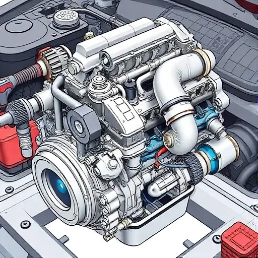 A detailed illustration of a Jaguar XE 2.0 Turbo Ingenium engine undergoing a major repair. Focus on the engine block, turbocharger, and surrounding components. Show tools and technicians working on the engine.