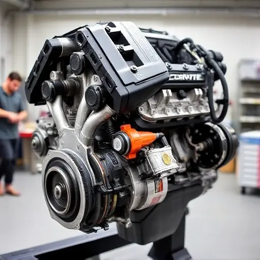 A detailed, high-quality image of a Chevrolet Corvette C7 ZR1 6.2 V8 engine undergoing a major repair. The engine should be partially disassembled, showcasing the internal components. Focus on the engine block, cylinder head, and visible parts of the drivetrain. The background should be a clean, well-lit workshop environment.