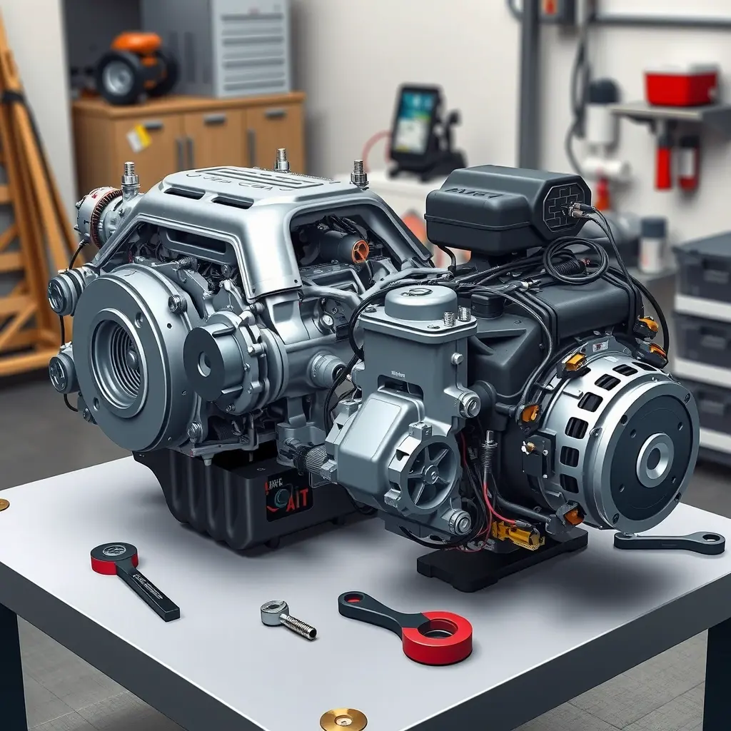 A high-detail, realistic illustration of a Leapmotor C11 electric vehicle with its engine and electric motor partially disassembled for a major overhaul. Show the 1.2T internal combustion engine block, turbocharger, and surrounding components on a clean workshop bench, alongside the electric motor unit with wiring and battery modules. Emphasize metallic textures, bolts, and tools like wrenches and diagnostic equipment, with a focus on the mechanical complexity and precision of the repair process. The background should be a tidy garage environment with subtle lighting that highlights the parts.