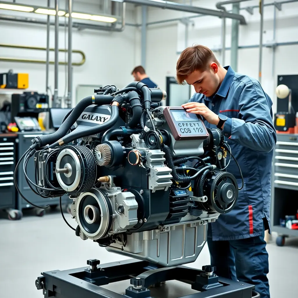 A high-detail, realistic scene of a professional mechanic in a clean workshop, carefully disassembling and inspecting a modern hybrid engine similar to the Galaxy L6 PHEV 1.5T with electric motor components visible, surrounded by precision tools, diagnostic equipment, and a sleek, metallic engine block, all rendered in vivid HD-HQ quality without any letters, numbers, or signage.