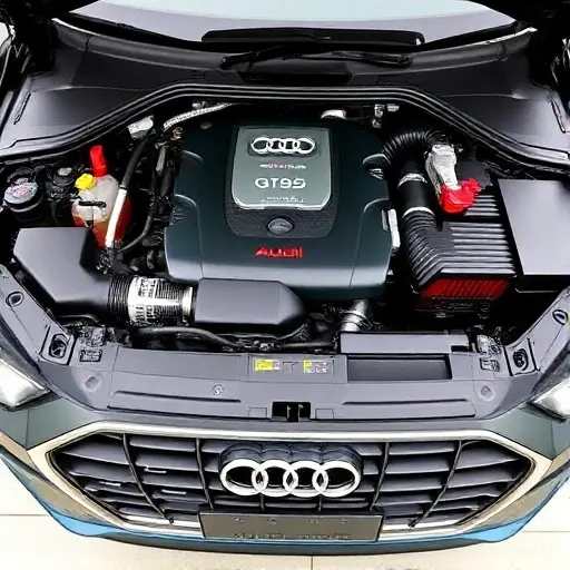 A detailed, high-quality image of an Audi Q8 3.0 V6 TFSI, showcasing its engine bay. The engine should be clearly visible, highlighting the engine components and technology. Focus on the intricate details of the engine and its parts.