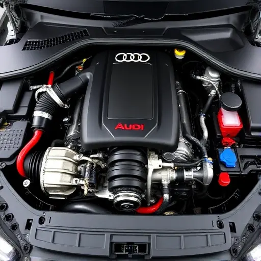 A detailed, high-quality image of a fully restored Audi A5 3.0 V6 TDI 341 hp engine bay. Focus on the engine components, showcasing the rebuilt engine, new parts, and clean, organized layout. The lighting should be bright and even, highlighting the details of the engine.