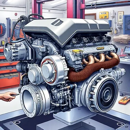A detailed illustration of a Chevrolet Tahoe 6.2 V8 engine undergoing a major overhaul. Focus on the engine block, cylinder head, and various components being inspected and repaired. Show tools like wrenches, screwdrivers, and diagnostic equipment. The scene should be in a well-lit automotive repair shop.