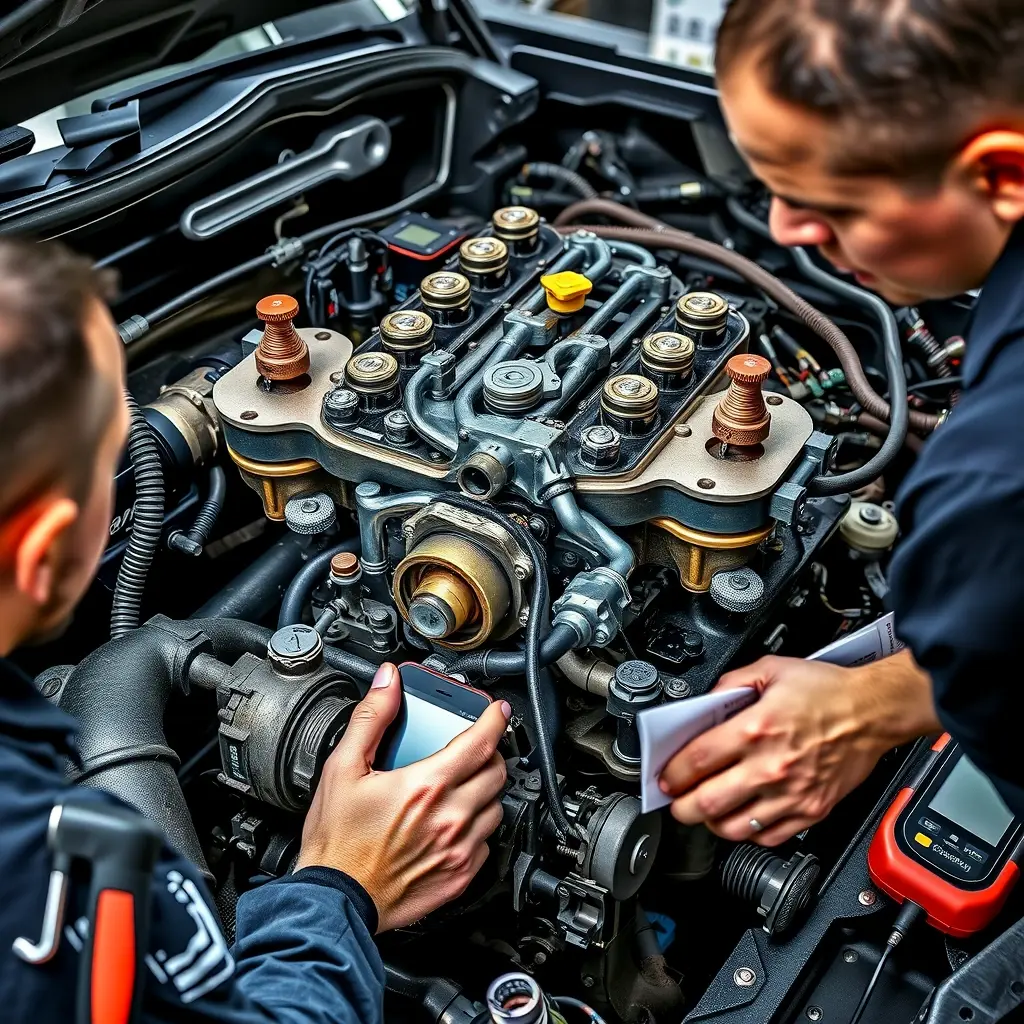A skilled mechanic performing a detailed repair on the 2.4L gasoline engine of a Foton Tunland pickup (2011 model). The scene shows the open engine bay with visible pistons, cylinder head, and fuel system components, surrounded by professional tools such as wrenches, diagnostic equipment, and a service manual. The focus is on the mechanical work, with realistic lighting highlighting metal textures and oil stains, conveying a high‑detail, technical atmosphere.