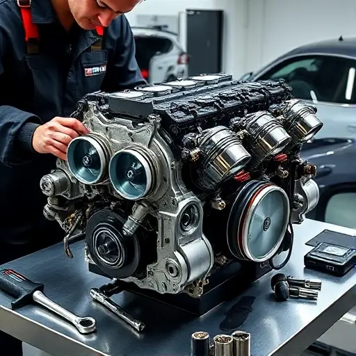 A realistic workshop scene featuring a skilled mechanic working on a BMW X5M 4.4 V8 engine. The engine block is partially disassembled, showing pistons, crankshaft, and cylinder heads. Tools such as a torque wrench, socket set, and diagnostic scanner are arranged on a polished metal workbench. The background includes a safety harness, a clean garage environment, and a subtle silhouette of a BMW X5M car. The focus is on mechanical precision and intricate engine details.