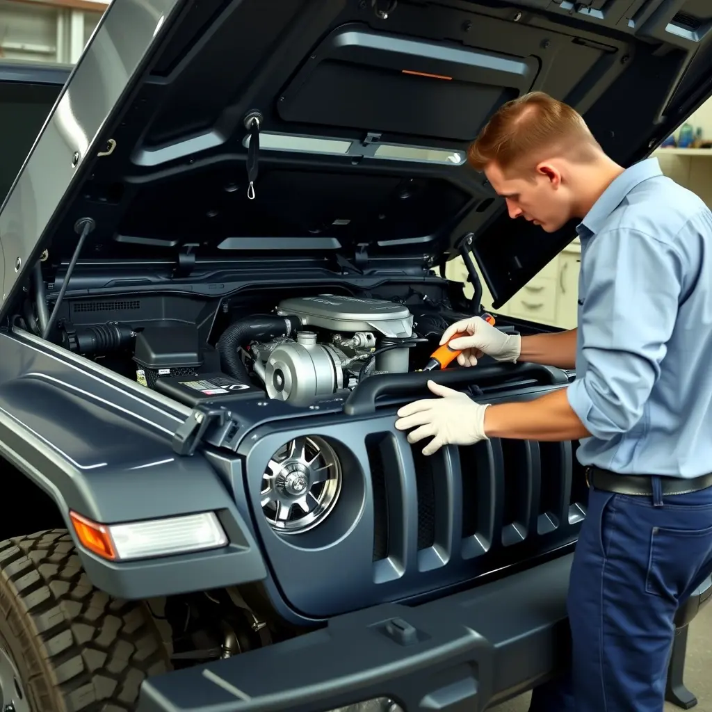A detailed, high-resolution scene of a mechanic performing engine repair on a Jeep Wrangler 2.0 Turbo (270 hp, model years 2018 to present). The Jeep is lifted on a garage lift, the hood open, revealing the turbocharged engine with visible components such as the turbocharger, fuel injectors, and wiring harnesses. The mechanic, wearing a clean work shirt and gloves, is using tools like a wrench and diagnostic scanner, focusing on the engine block. The garage background is tidy, with tool cabinets and soft lighting that highlights the engine details.