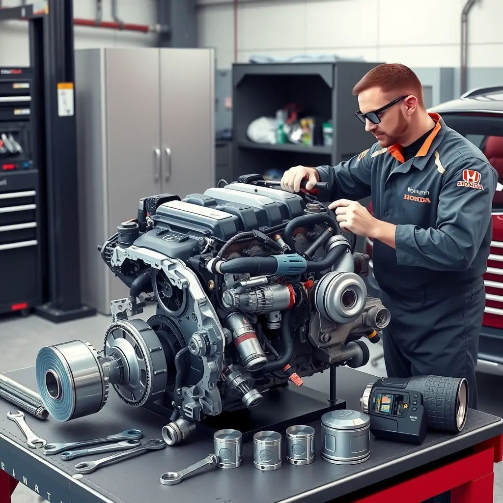 A high-detail, realistic HD-HQ illustration of a mechanic performing a major engine overhaul on a 2017 Honda CR-V 1.5 Turbo 193 hp. The scene shows the engine removed from the vehicle on a workbench, with various engine parts (cylinder head, turbocharger, pistons, timing chain) neatly arranged around it. The mechanic, wearing a clean uniform, gloves, and safety glasses, is using professional tools (wrenches, torque wrench, diagnostic scanner) to inspect and reassemble components. The garage background includes tool cabinets, a service lift, and soft ambient lighting that highlights the metallic surfaces and oil stains, emphasizing the technical precision of the repair.