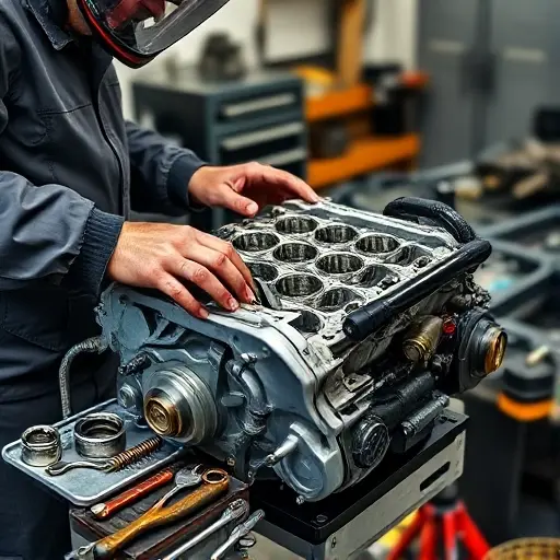 A detailed workshop scene showing a mechanic in protective gear working on the engine of a 2010–2017 Dacia Duster 1.5 dCi 90 hp. The focus is on the engine block, visible pistons and cylinders, with a variety of automotive tools (wrenches, torque wrench, socket set) arranged neatly on a workbench. The background is a clean garage with a workbench, a toolbox, and a subtle hint of a car chassis, but no visible car body or dashboard. The lighting highlights the metallic surfaces and the mechanic’s hands, creating a realistic, technical atmosphere.