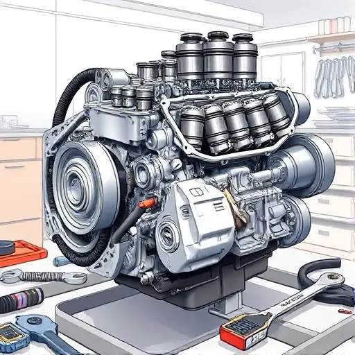 A detailed illustration of a Dacia Sandero 1.0 SCe engine undergoing a major repair. The engine should be partially disassembled, showing various components like pistons, valves, and the engine block. Tools such as wrenches, screwdrivers, and diagnostic equipment should be present around the engine. The background should be a clean, well-lit workshop environment.