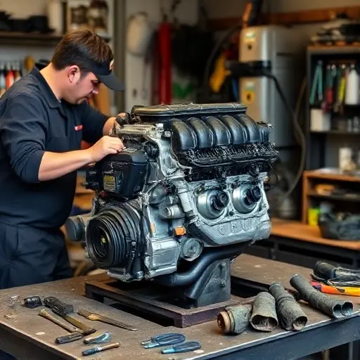 A detailed workshop scene showing a mechanic repairing the 0.9 TCe engine of a Dacia Sandero, with the engine block exposed, tools scattered, and parts on a workbench, all in a realistic style