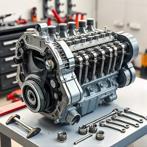 A detailed, realistic image of a disassembled Aaglander Elegance 3.0 TDI engine (2008-2020) on a clean, well-lit workbench. Focus on the engine block, pistons, connecting rods, and cylinder head. Show various components laid out neatly, highlighting the complexity of the engine's internal structure. Include tools commonly used in engine repair, such as wrenches and sockets, arranged around the engine.