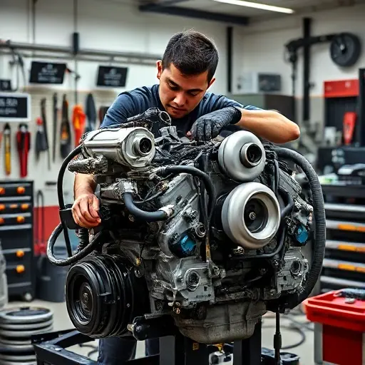 A skilled mechanic disassembling a turbocharged car engine in a clean workshop, surrounded by tools, engine block, turbocharger, hoses, and diagnostic equipment, focusing on the FAW Hongqi H5 engine with realistic lighting and detailed metal textures