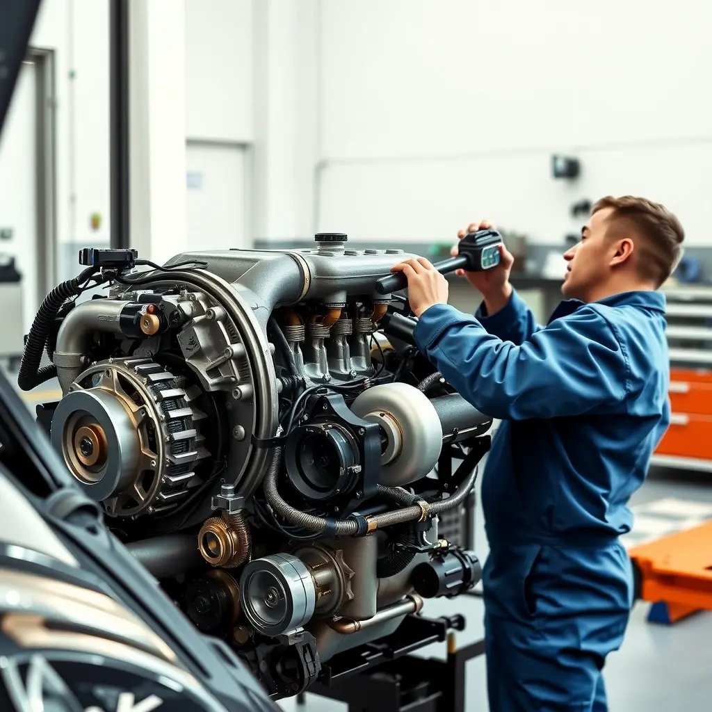 A detailed, realistic scene of a mechanic in a clean garage working on the engine of a Forthing T5 1.6 Turbo (2018 model). The engine is partially disassembled, with visible turbocharger, pistons, and wiring. The mechanic wears a blue jumpsuit and uses professional tools like wrenches and diagnostic equipment. Soft natural lighting highlights the metallic parts, emphasizing the precision of the repair process.
