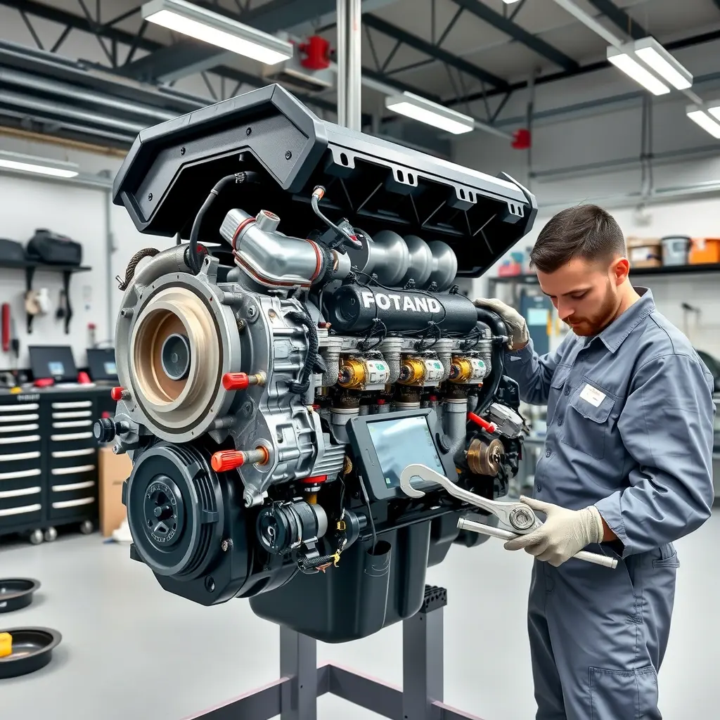 A detailed high-resolution scene of a mechanic repairing a Foton Tunland 2.0 Turbo diesel engine (163 hp, 2011 model) in a clean workshop. The engine block is open, showing the turbocharger, fuel injectors, pistons, and crankshaft. The mechanic, wearing a gray coverall and gloves, uses a wrench and diagnostic tablet. Tool cabinets, spare parts, and industrial lighting create a realistic, technical atmosphere.