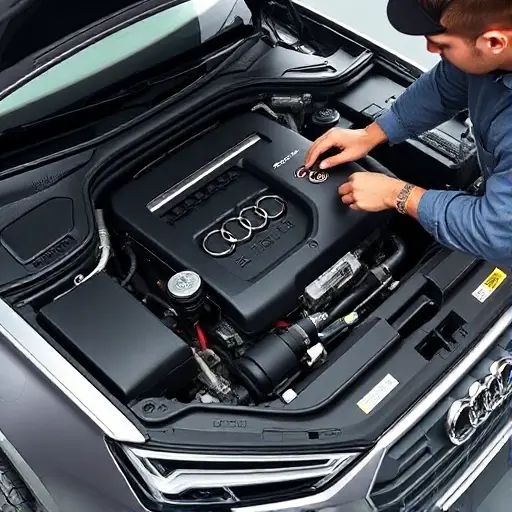 A detailed, realistic image of a mechanic working on the engine of an Audi A4 2.0 TFSI. The engine should be partially disassembled, showcasing its components. Focus on the engine bay and the mechanic's hands working with tools. The car should be a 2019 or newer model, silver or grey.