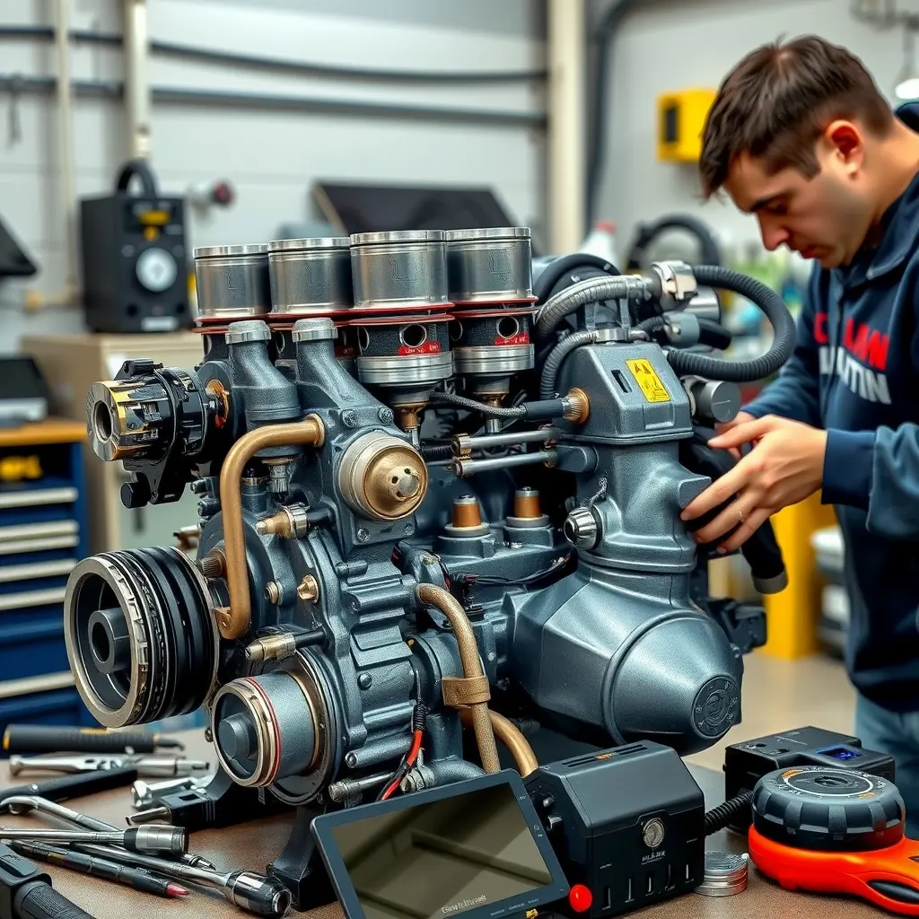 A detailed, realistic scene of a mechanic performing a major overhaul on a Foton Tunland 2.4L gasoline engine (136 hp) in a clean workshop. The engine is partially disassembled, showing pistons, crankshaft, and cylinder head, with professional tools and diagnostic equipment laid out. Emphasize the mechanical components, metal textures, and the focused work environment, captured in high definition.