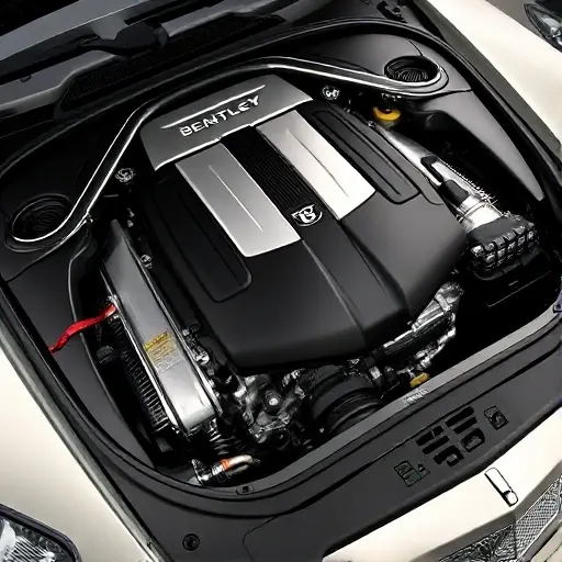 A detailed, high-quality image of a Bentley Flying Spur 6.0L W12, showcasing its engine bay. The engine should be prominently displayed, highlighting the complex mechanical components and luxurious details. Focus on the engine's craftsmanship and the high-end materials used.