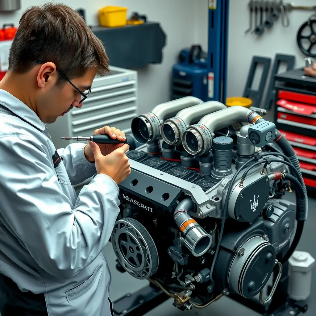 A high-detail, realistic scene of a mechanic workshop where a Maserati Ghibli 3.0 V6 Twin Turbo engine is being repaired. The engine block is open, showing turbochargers, pistons, and wiring. A professional mechanic in clean coveralls is using specialized tools, such as a torque wrench and diagnostic scanner, focusing on the engine components. The background includes typical garage elements like tool cabinets, oil cans, and a clean, well-lit environment. Emphasize the sleek design of the Maserati engine parts and the precision of the repair work.