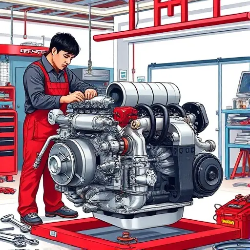 A realistic illustration of a high-performance V8 turbo engine from a Ferrari F8 Tributo being repaired in a professional garage. A skilled mechanic in coveralls works on the partially disassembled engine, with tools such as wrenches and diagnostic equipment scattered around. The engine block is open, exposing pistons, turbocharger, and intricate components, set against a clean, well-lit workshop background.