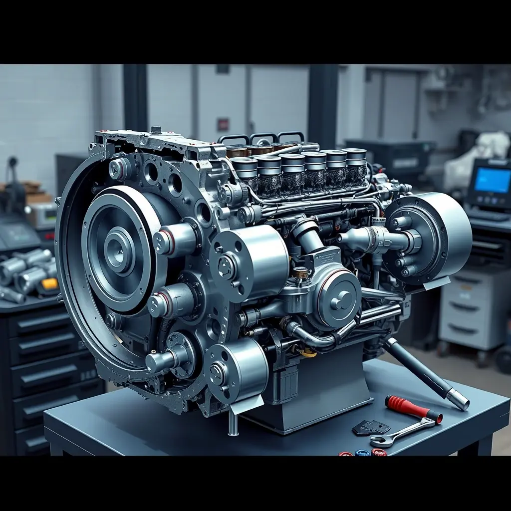 A detailed, high-resolution illustration of a Lynk & Co 01 PHEV engine being disassembled for a major overhaul, showing the engine block, pistons, crankshaft, and surrounding components on a clean workshop bench, with tools like wrenches and diagnostic equipment nearby, emphasizing the mechanical complexity and precision of the repair process