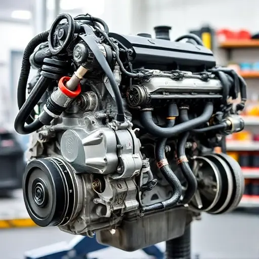 A detailed, high-quality image of a Buick LaCrosse 3.6 V6 engine undergoing a major repair. The engine should be partially disassembled, revealing the internal components. Focus on the intricate details of the engine block, cylinder head, and various parts. The background should be a clean, well-lit workshop environment.