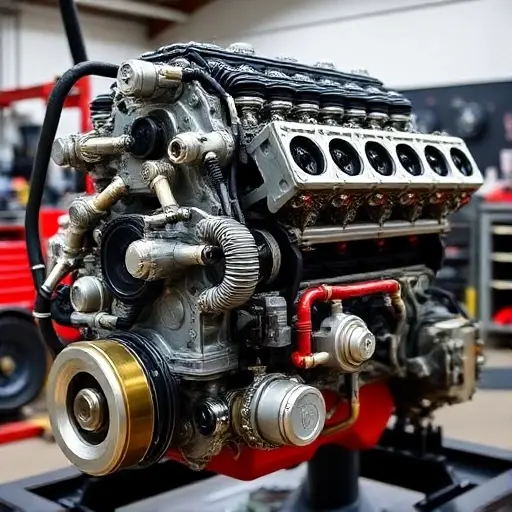 A detailed, high-quality image of a Ferrari F50 4.7 V12 engine undergoing a major overhaul. The engine should be prominently displayed, showcasing its complex components and intricate details. Focus on the engine block, cylinder head, and various mechanical parts. The background should be a clean, well-lit workshop environment.