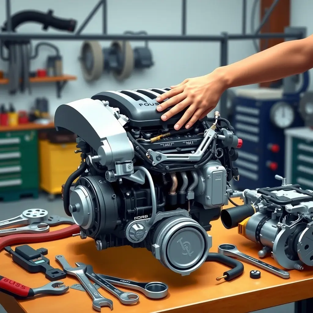 A detailed, high‑resolution illustration of a Ford Focus 1.0 EcoBoost 125 hp engine on a workbench, with a mechanic's hands removing the cylinder head, surrounded by tools such as wrenches, a torque wrench, and engine components, realistic lighting, clean workshop background, no text or logos