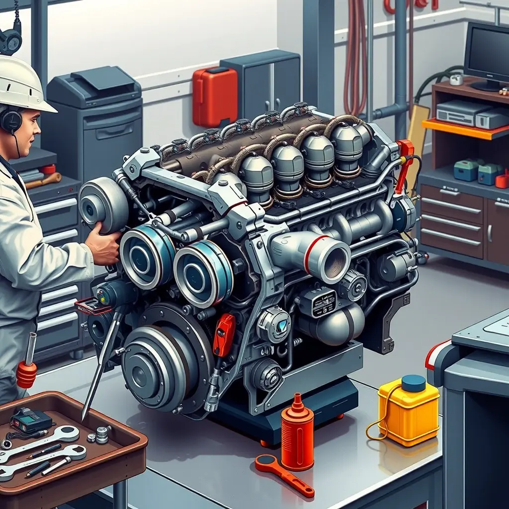 A high-detail, realistic illustration of a Lincoln Navigator 3.5 V6 twin‑turbo engine on a workshop bench undergoing a complete overhaul. The engine block is open, showing pistons, turbochargers, fuel injectors, and internal components. A mechanic in clean workwear uses precision tools (wrenches, torque wrench, diagnostic scanner) around the engine. The scene includes organized tool trays, oil cans, and a clean garage background with subtle lighting highlighting the engine parts. The focus is on the mechanical complexity and craftsmanship of the repair.