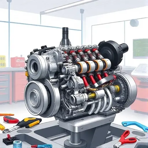 A detailed illustration of a Citroën Berlingo 1.2 PureTech 130 engine undergoing a major repair. The engine should be partially disassembled, showing various components like pistons, connecting rods, and cylinder head. Tools such as wrenches, screwdrivers, and diagnostic equipment should be visible around the engine. The background should be a clean, well-lit workshop environment.