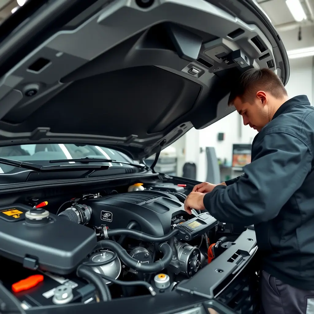 A detailed, realistic scene of a mechanic working on the engine of a Jetour X70 SUV, focusing on the 2.0 liter turbocharged engine bay. The engine components are visible, with tools such as wrenches and diagnostic equipment laid out. The setting is a clean, well-lit automotive workshop with a focus on the mechanical details and the vehicle's interior, without any text or branding.