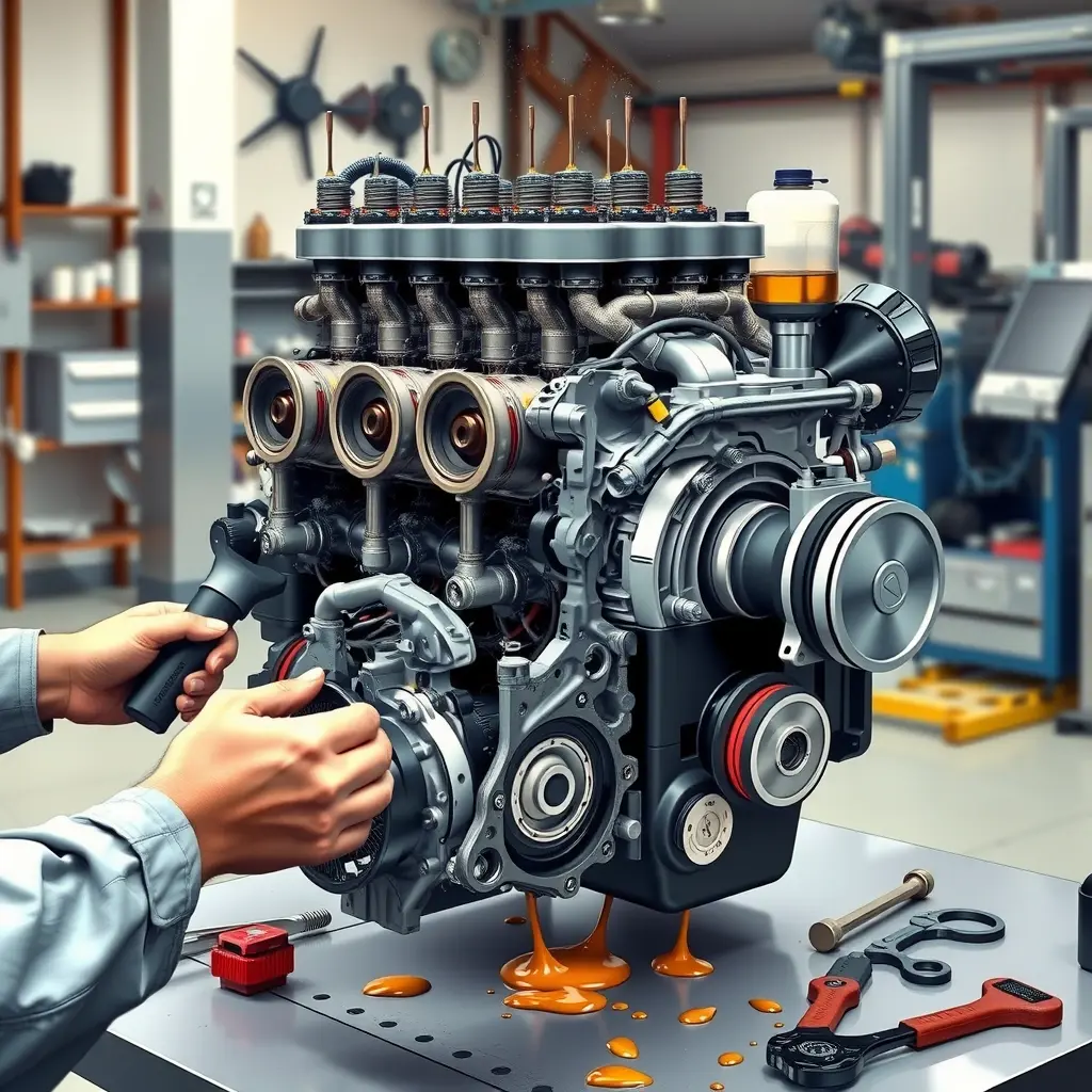 A detailed high-resolution illustration of a JMC Vigus 2.5 diesel engine from a 2016 model undergoing a complete overhaul in a clean workshop. The engine block is opened, showing pistons, crankshaft, and fuel injection components, with mechanic's hands using tools like wrenches and a torque wrench, oil splashes, and a metal workbench with scattered parts. Emphasize realistic lighting, metallic textures, and a professional atmosphere.