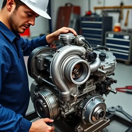 A detailed workshop scene showing a mechanic repairing the 0.66 L turbocharged engine of a 2002–2012 Daihatsu Copen. The image focuses on the engine block, turbocharger, oil filter, and surrounding tools such as wrenches and a torque wrench. The mechanic is wearing a blue coverall and a safety helmet, with a close‑up of the mechanical details and the engine’s internal components. The background is a clean garage with a workbench and a toolbox, and the lighting highlights the metallic surfaces and the subtle glow of the turbocharger.
