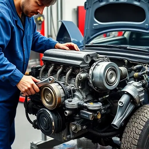 A detailed workshop scene showing a mechanic working on the engine of a Chery Arrizo 5. The engine is partially disassembled, with visible pistons, crankshaft, and oil filter. The mechanic is wearing a blue coverall and using a wrench. The background includes a workbench with tools, a car hood open, and the Chery Arrizo 5 car body visible. Bright, focused lighting highlights the engine area.