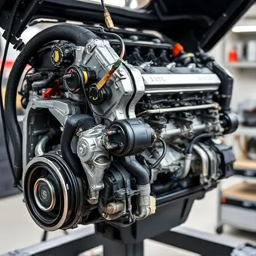 A detailed, high-quality image of a Cadillac XTS 3.6 V6 engine undergoing a major repair. The engine should be partially disassembled, revealing intricate components. Focus on the mechanics and tools involved in the repair process. The background should be a clean, well-lit workshop environment.