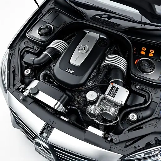 A high‑resolution close‑up of a Brabus‑tuned Mercedes‑Benz E‑Class sedan (E900) with a massive 4.5 L V8 bi‑turbo engine, showing the engine bay with polished chrome details, twin turbochargers, and a badge indicating 900 hp, set against a clean, minimalist background to emphasize the engine's power and craftsmanship