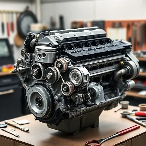 A detailed, realistic depiction of a disassembled Audi S4 TDI engine. Focus on the V6 TDI 3.0 engine block, showcasing key components like pistons, connecting rods, crankshaft, and cylinder head. The engine should be presented on a clean, well-lit workbench with various tools subtly arranged around it. The overall impression should be one of precision and mechanical complexity.
