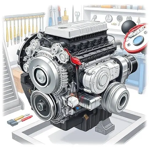 A detailed illustration of a Galaxy L6 PHEV engine undergoing a major repair. The image should focus on the engine block, showcasing the 1.5T engine and electric motors. Tools and technicians working on the engine should be subtly visible in the background. The overall scene should convey precision and technical expertise.