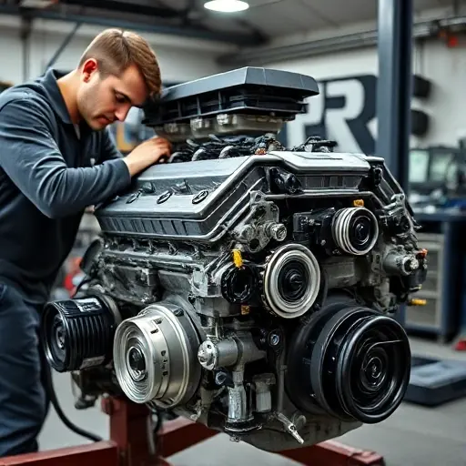 A detailed workshop scene showing a mechanic working on a BMW X5 3.0d engine, with the engine block, pistons, and tools visible, in a clean, well-lit garage environment.
