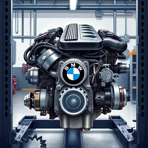 A detailed illustration of a professional mechanic performing a major overhaul on a 2008 BMW 1 Series (E81) 3.0L inline-6 engine. The scene shows the engine on a lift in a clean garage, with tools, engine components (cylinders, pistons, camshaft) spread around, and the BMW badge subtly visible on the engine block. Emphasize realistic textures, metallic shine, and a focused, technical atmosphere.